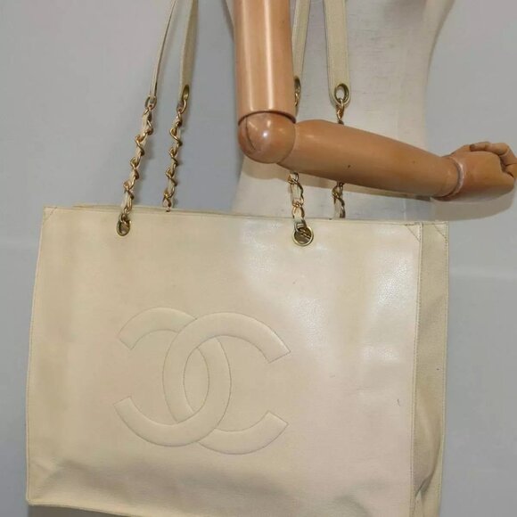 CHANEL COCO Mark Chain Tote Bag Caviar Skin Beige Gold CC Auth - Picture 3 of 16
